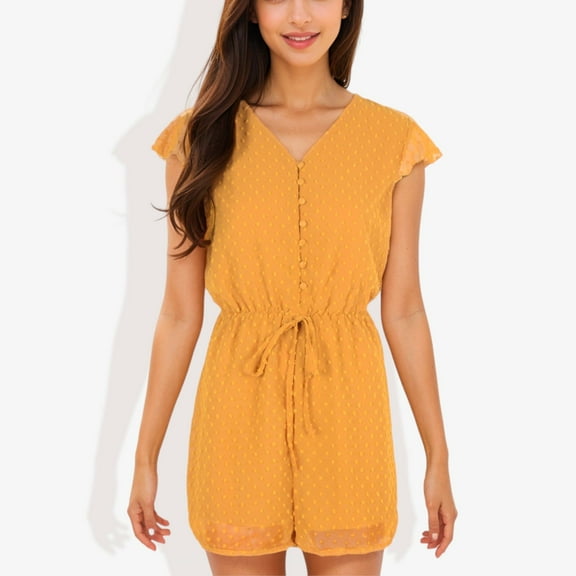 Women's Clip Chiffon Button Down Detail Gathered Waist Short Flutter Sleeve Romper-Large, Yellow