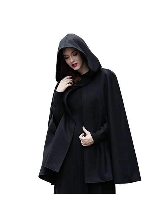 Women's Cloak Hood Wool-Blend Cape Coat Winter Cardigans Plus Size Thick Coat Solid Poncho Cape Jackets Vintage Trench Coats