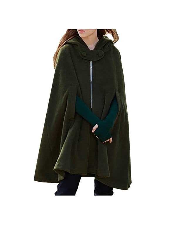 Women's Cloak Hood Wool-Blend Cape Coat Winter Cardigans Plus Size Thick Coat Solid Poncho Cape Jackets Vintage Trench Coats