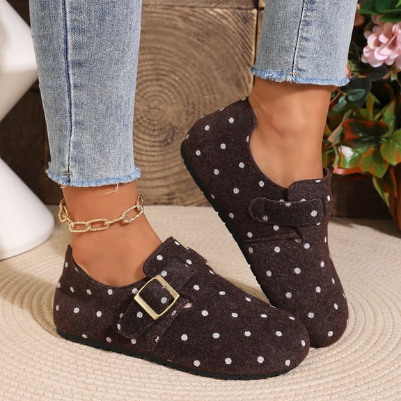 Women's Clogs, Polka Dot Felt Mules with Buckle, Comfortable Slip On Loafer Shoes, Arch Support Fall