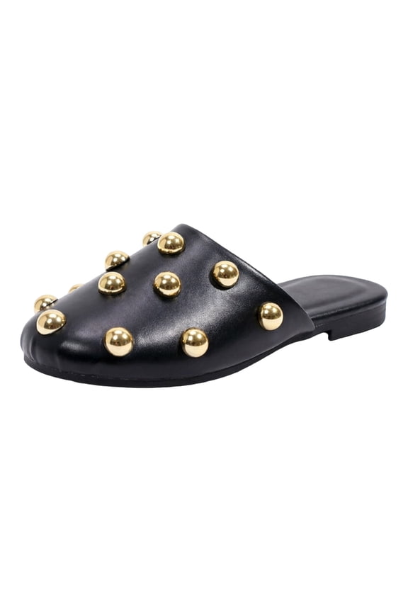 Women's Close Toe Flat Sandals Lightweight Fashion Studded Leather Mules Casual Backless Slip On Slide Dress Shoes Black Size 7