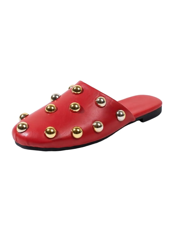 Women's Close Toe Flat Sandals Lightweight Fashion Studded Leather Mules Casual Backless Slip On Slide Dress Shoes Red Size 9