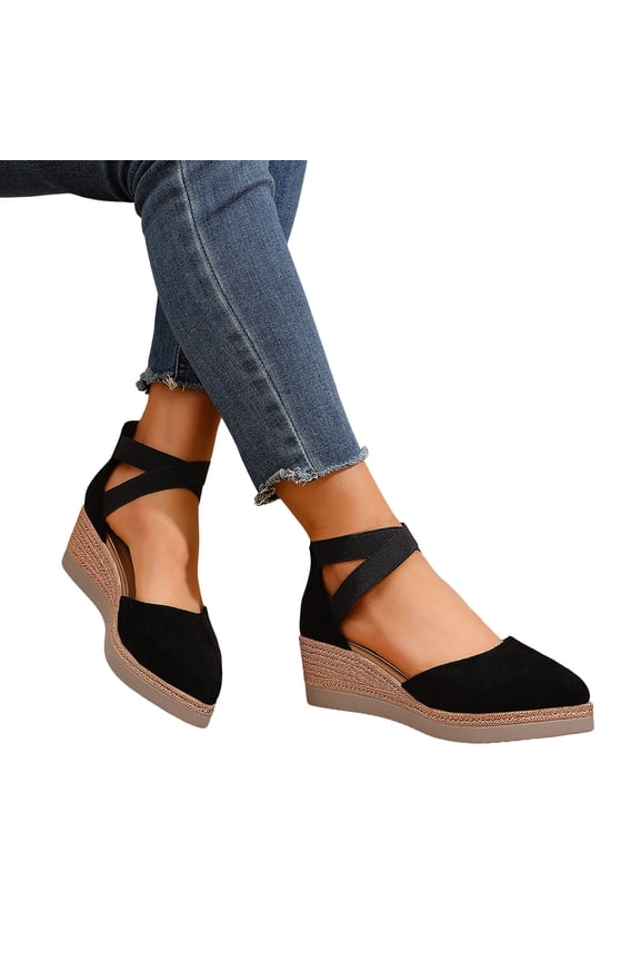 Women's Close Toe Platform Wedge Sandals Slip On Elastic Ankle Strap Espadrilles Dress Sandal Comfortable Non Slip Walking Shoes Black Size 7