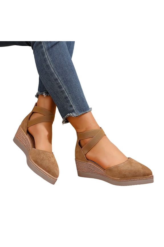 Women's Close Toe Platform Wedge Sandals Slip On Elastic Ankle Strap Espadrilles Dress Sandal Comfortable Non Slip Walking Shoes Brown Size 6.5