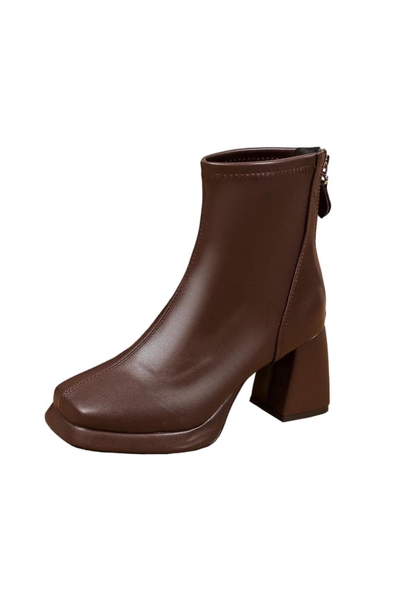Women's Closed Round Toe Ankle Boots Pull-On Platform High Chunky Heel Leather Short Biker Work Waterproof Shoes Brown 6.5(38)