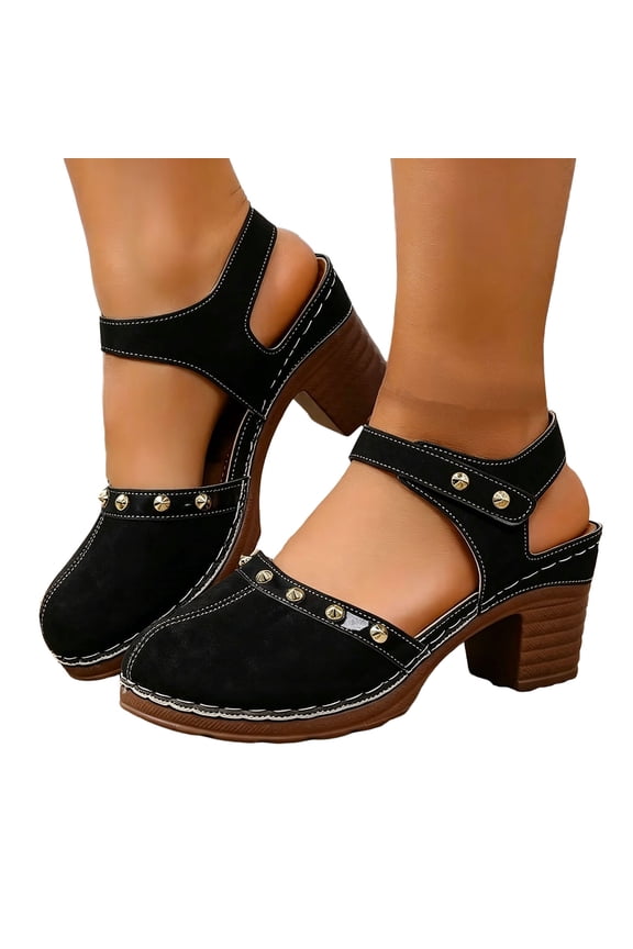 Women's Closed Toe Block Heel Suede Clogs with Hook Loop Retro Studded Slingback Platform Sandals Lightweight Dress Shoes Black Size 6