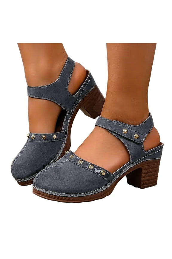 Women's Closed Toe Block Heel Suede Clogs with Hook Loop Retro Studded Slingback Platform Sandals Lightweight Dress Shoes Blue Size 8