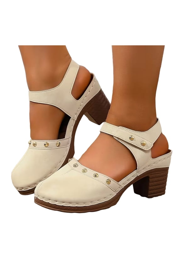Women's Closed Toe Block Heel Suede Clogs with Hook Loop Retro Studded Slingback Platform Sandals Lightweight Dress Shoes White Size 9.5
