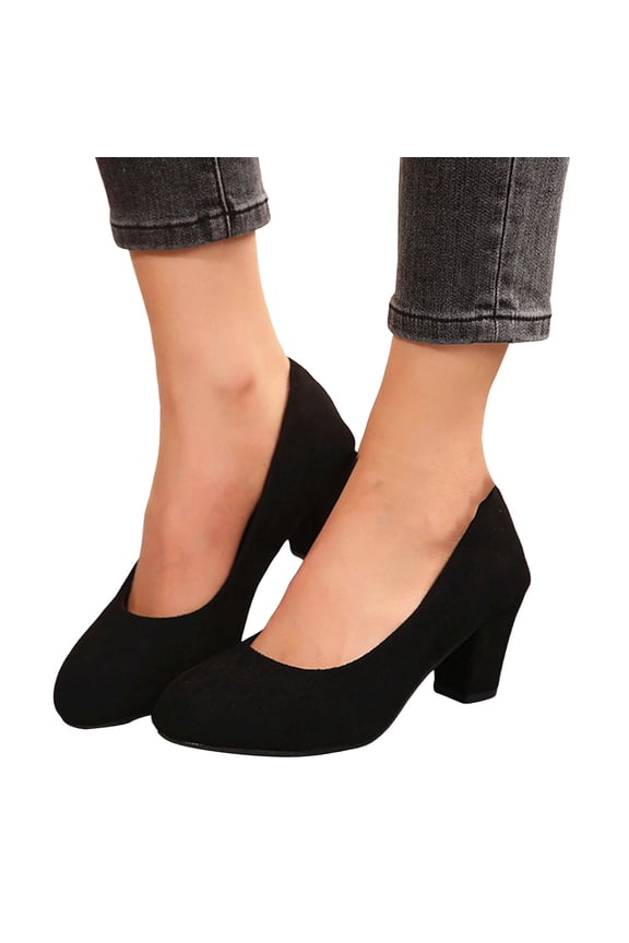 Women's Closed Toe Heel Suede Pumps Shoes Low Block Heel Round Toe Classic Office Casual Wedding Dress Shoes Black Size 9