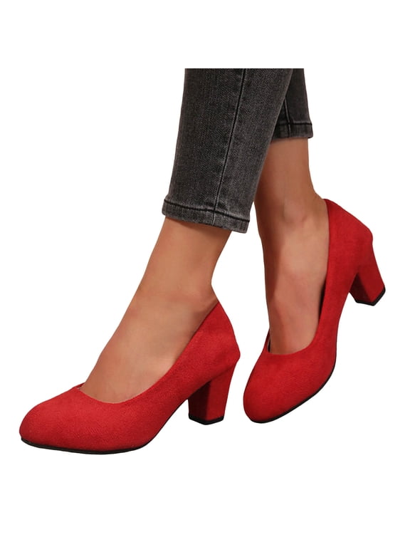 Women's Closed Toe Heel Suede Pumps Shoes Low Block Heel Round Toe Classic Office Casual Wedding Dress Shoes Red Size 7.5