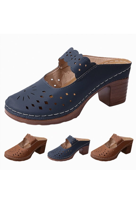 Women's Closed Toe Chunky Sandals Slip on Block Heels Walking Shoes Mules Dressy Summer Casual Hollow out Slippers Outdoor Platform Slides Navy Size 6.5