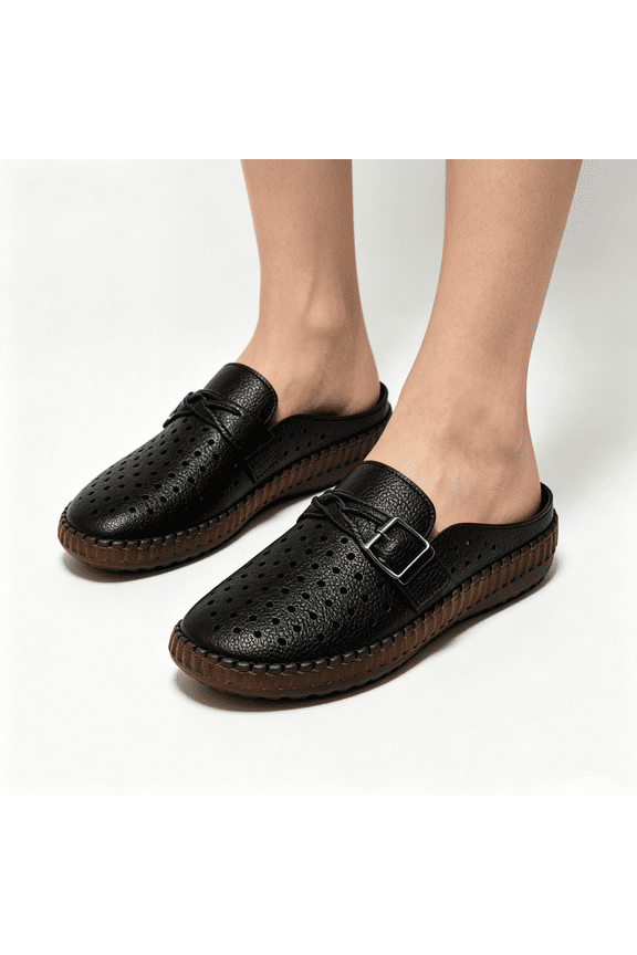 Women's Closed Toe Clogs Mules Platform Wedge Heel Sandals Summer Leather Closed Toe Slip On Slides Hollow Buckle Strap Sandal Wide Width Beach Slippers