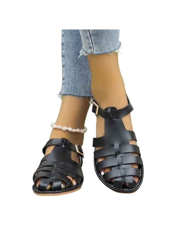 Women's Closed Toe Flat Sandals Woven Cut Out Adjustable Buckle Ankle Strap Faux Leather Breathable Hollow Out Summer Shoes Beach Casual Shoes Non Slip Platform Sandals for Women 2026