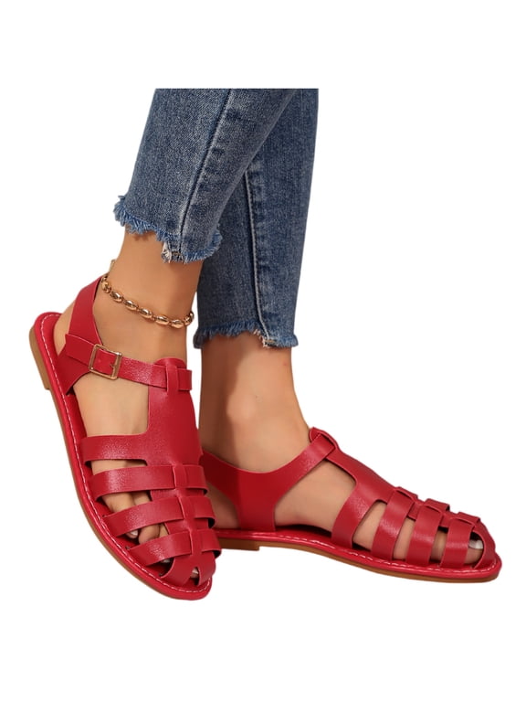 Women's Closed Toe Flat Sandals Woven Cut Out Adjustable Buckle Ankle Strap Faux Leather Breathable Hollow Out Summer Shoes Beach Casual Shoes Non Slip Platform Sandals for Women 2026