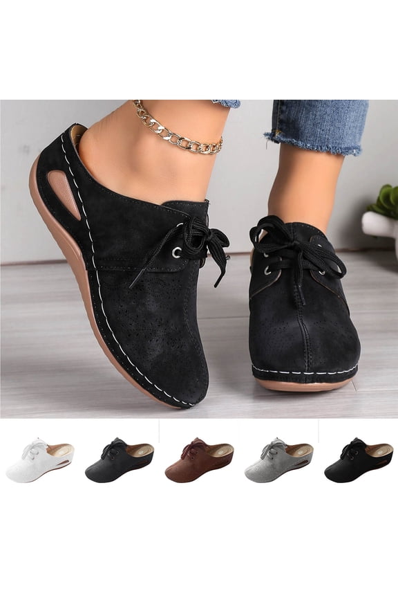 Women's Closed Toe Lace-Up Wedge Mules Cut-Out Detail Casual Summer Slide Sandals for Women Wide Width Soft Sole