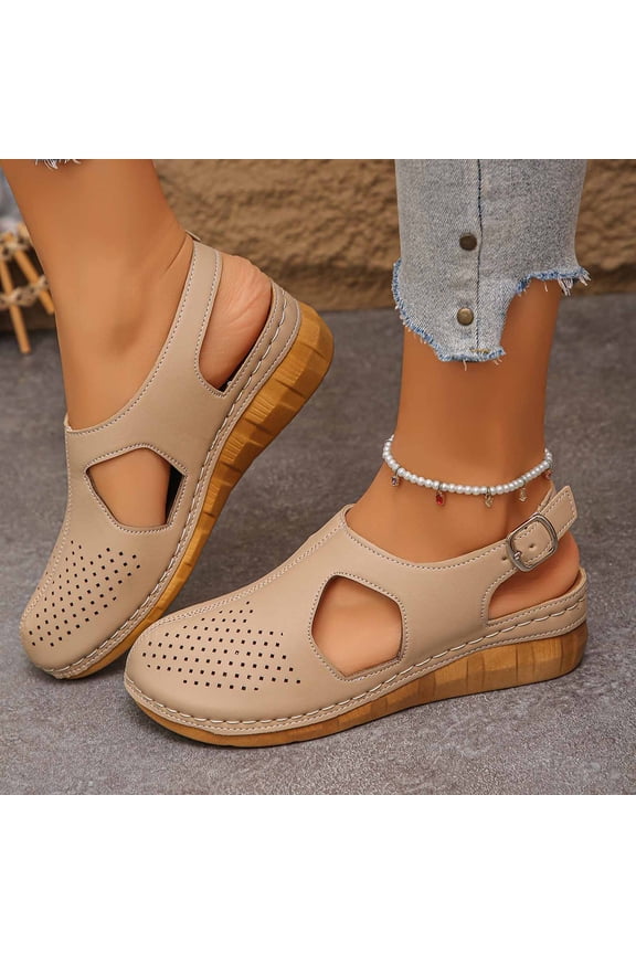 Women's Closed Toe Sandals Casual Thick Sole Wedge Sandals Summer Round Toe Buckle Beach Sandals Plus Size