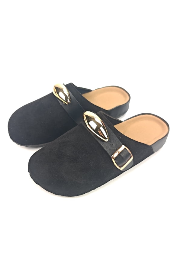 Women's Closed Toe Sandals with Gold Buckle - Spacious Toe, Soft Cushioned Support, Polished Hardware, Comfortable Casual Suede Mules for Indoor & Outdoor Wear , Black