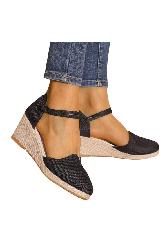 Women's Closed Toe Sandals Platform Wedge Fashion Linen Heels Versatile Braided Buckle Breathable Espadrilles Dress Shoes Black Size 7.5