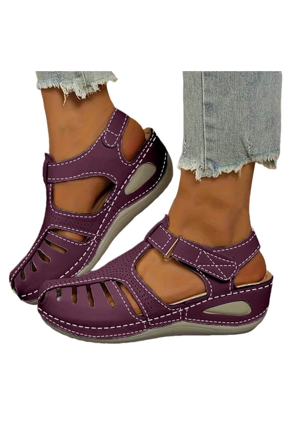 Women's Closed Toe Wedge Platform Sandals Vintage Casual Hollow Out Orthopedic Shoes Comfortable Bohemia Dress Shoes Purple Size 9