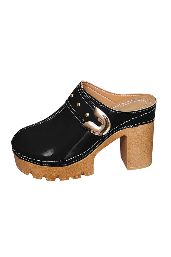 Women's Closed Toe Wedge Sandals Patent Leather Backless Platform Mules Chunky High Heel Slip On Slide Dress Shoes Black Size 8.5