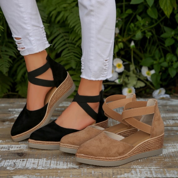 Women's Closed Toe Wedge Sandals Solid Color Pointed Toe Espadrille Platform Shoes with Elastic Ankle Strap Non Slip Thick Sole Casual Summer Sandals for Women Plus Size Available