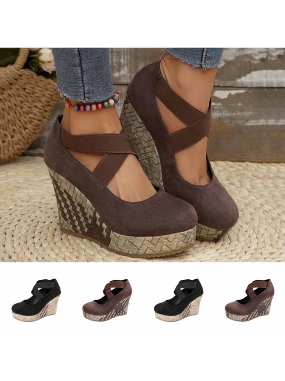 Women's Closed Toe Wedge Sandals for Women Trendy Round Toe Faux Suede Crisscross Elastic Strap Shoes Comfortable Espadrille Wedge Platform Sandals Fashion Plus Size Wide Width Brown Shoes for Women