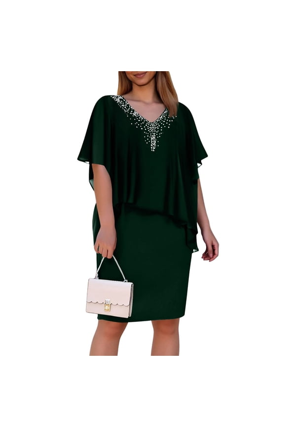 Women's Clothes Summer Plus Sized V-Neck Overlay Asymmetric Buttock Loose Dress Chiffon Sequins Dress Elegant Dresses For Women Date Night Casual Style Dress Green 4XL
