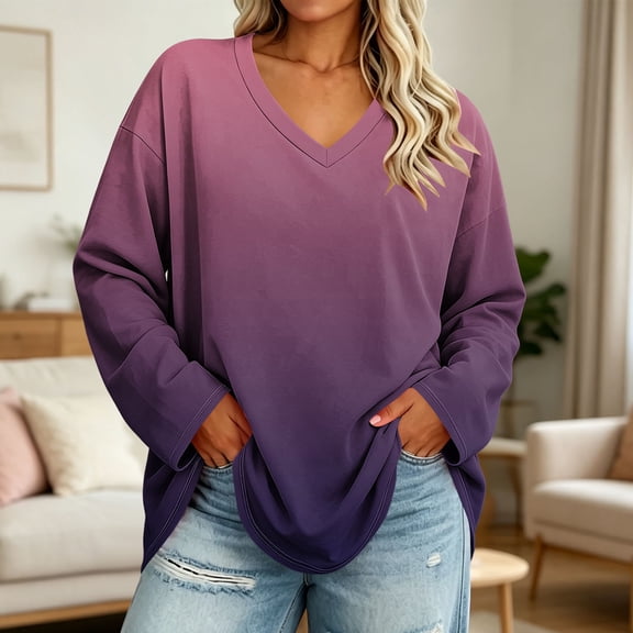 Women's Clothes Tops Long Sleeves Plus Size V-Neck Print Casual Loose Blouse Top