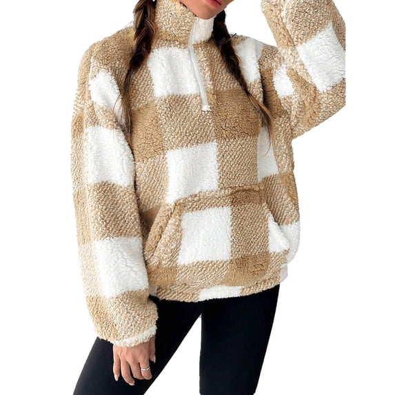 Women's Clothing Baeitkot Fall and Winter Women's Zipper Checkered Double-sided Loose Casual Long Sleeved Pocket Hoodie