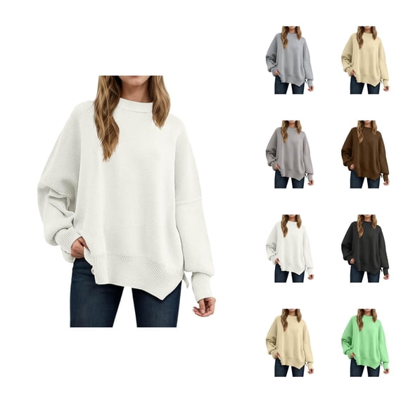 Women's Clothing Casual Hoodie Pullover Knit Sweaters Trendy Loungewear Style Oversized Sweater Long Sleeve Tunic Top Soft Comfortable Winter Fall Fashion Loose Fit Round Neck Split Hem