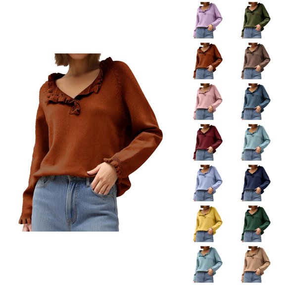 Women's Clothing Casual Pullover Knit Sweaters Minimalist Summer Spring Vacation Autumn And Winter Women's Knitting New Casual Long Sleeve Button Ruffle Pullover Sweater