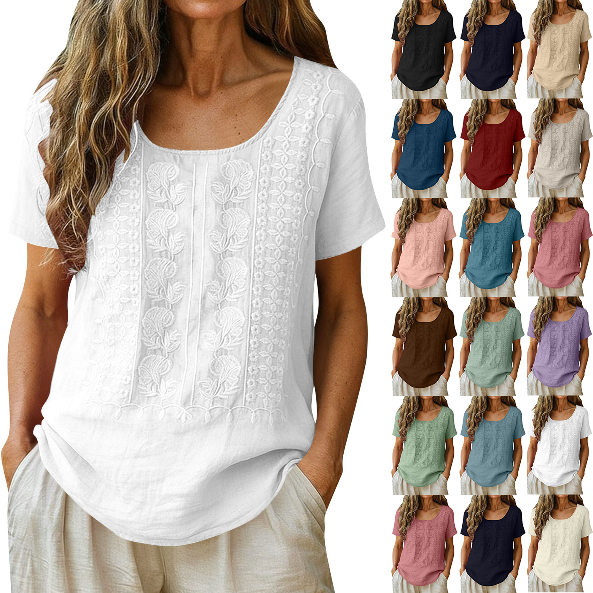 Ropa de mujer algodón lino color sólido cuello redondo bordado manga corta holgada uso diario deporte fitness versátil