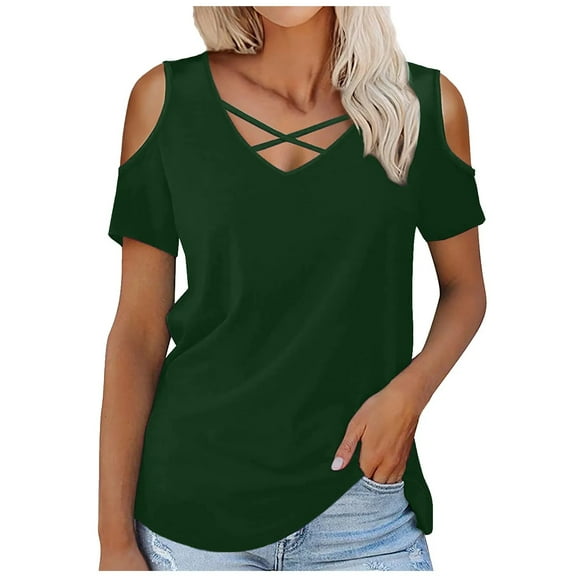 Women's Clothing Crossbody V-Neck Short Sleeves Loose Fit T-Shirt