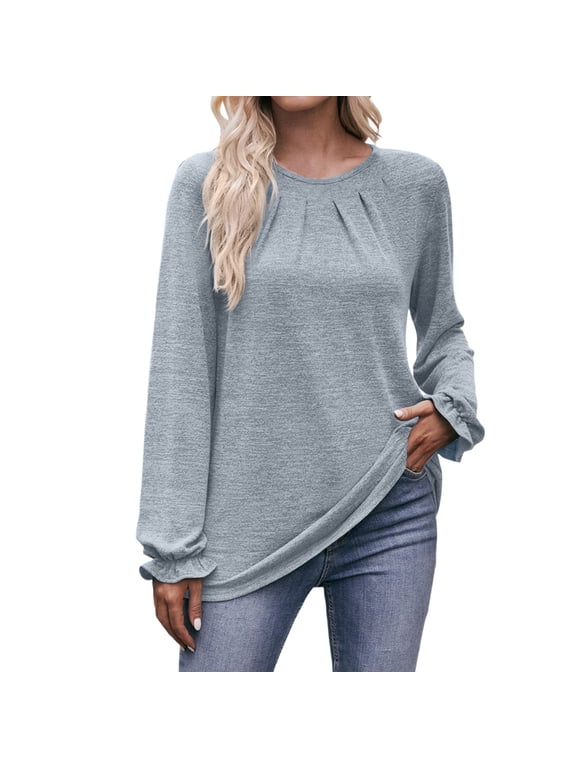 Women's Clothing Fashion Casual Long Sleeve Round Neck Split Top Loose Casual Pullover Top Shirt Women Tees and Tops M