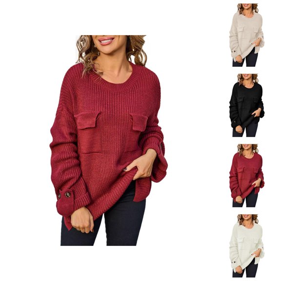 Women's Clothing Long Sleeve Cable Knit Pullover Sweaters Casual Fall Look Oversized Sweater Loose Fit Pocket Tunic Top Soft Comfortable Round Neck Winter