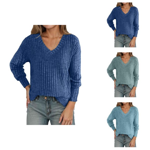 Women's Clothing Pullover Hoodie Knit Sweaters Casual Cozy Minimalist Loungewear Women's Solid Color Fashionable Casual Loose Long Sleeved V Neck Sweatshirt Sweater Top