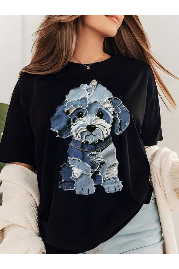 Women's Clothing Puppy Printed T-Shirt, Soft And Breathable, Comfortable Fit, Round Neck T-Shirt, Very Suitable As A Birthday Gift For Family And Friends.