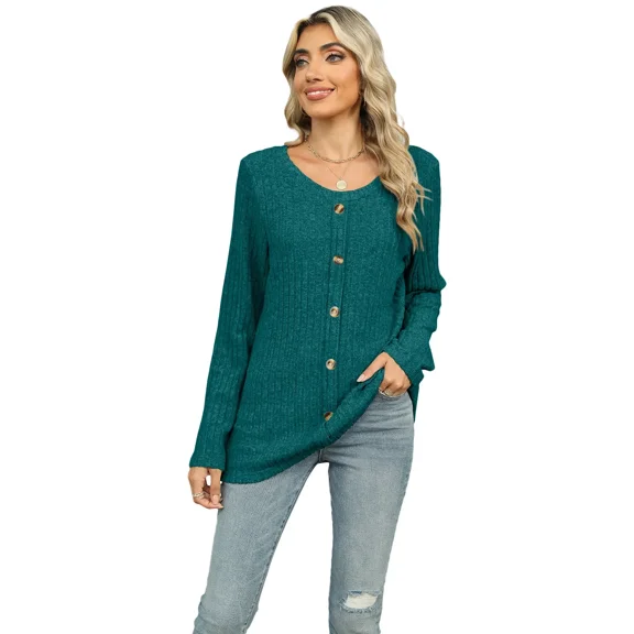 New Women's Clothing Single-Breasted Round Neck Long Sleeve T-shirt Top Pullover Solid Color