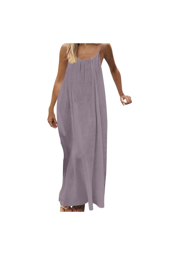 Women's Clothing Summer Dresses Fashion Round-Neck Solid Sleeveless Sleepshirts Sling Backless Dress Loose Flowy Beach Sundress