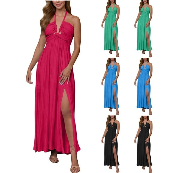 Women's Clothing Summer Dresses Fashion Solid Color Backless Waist Slit Long Skirt A-Line Party Dress with Pockets