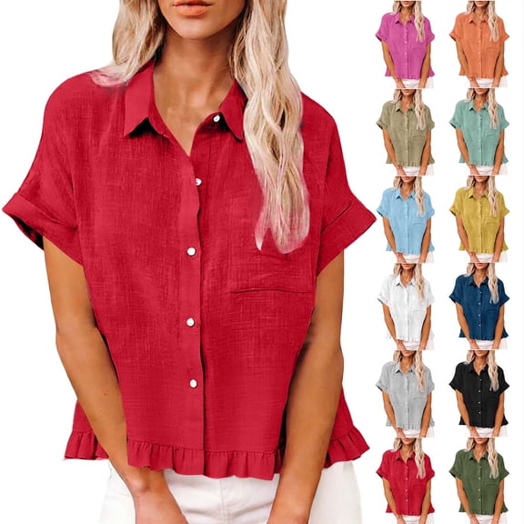 Women's Clothing Summer Tops Fashion Spring Clothing Fabric Solid Color Front Pocket Hem Fringe Short Sleeve Flared Collar Top