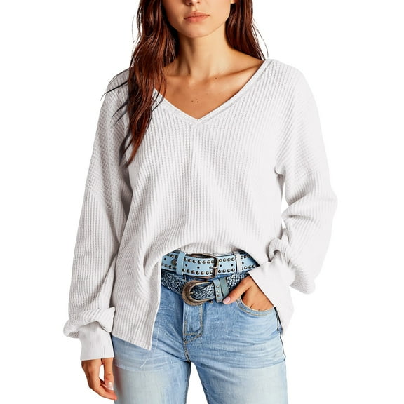 Women’s Clothing V Neck Long Sleeve Knit Pullover Sweater Relaxed Fit Ribbed Texture Lightweight Soft Tops for Women Trendy White XL