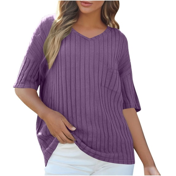 Women's Clothing, Womens Plus Size Tops V Neck Short Sleeve Shirts, Solid Color Casual V-Neck Pocket Three-Quarter Sleeve T-Shirt