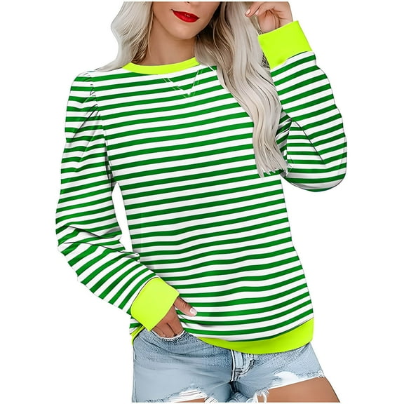 Women's Clothing Womens Tops Ndbuld Ladies' Fashionable Loose Casual Striped Color Blocked Round Neck Long Sleeved Shirt Green 2XL