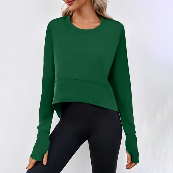 Women's Clothing Womens Tops Ndbuld Women Curved Hem Long Sleeve Workout Crop Tops Trendy Athletic Yoga Gym Shirts with Thumb Hole Green 2XL