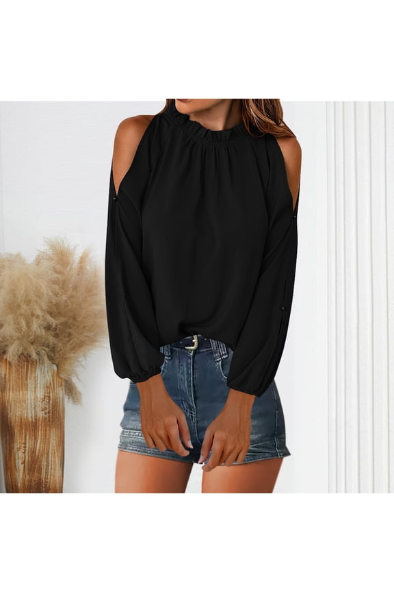 Women's Clothing Womens Tops Ndbuld Women's New Clean Color Leaf Semi High Neck Long Sleeved Pleated Shoulder Revealing Fashion S-3XL Black L