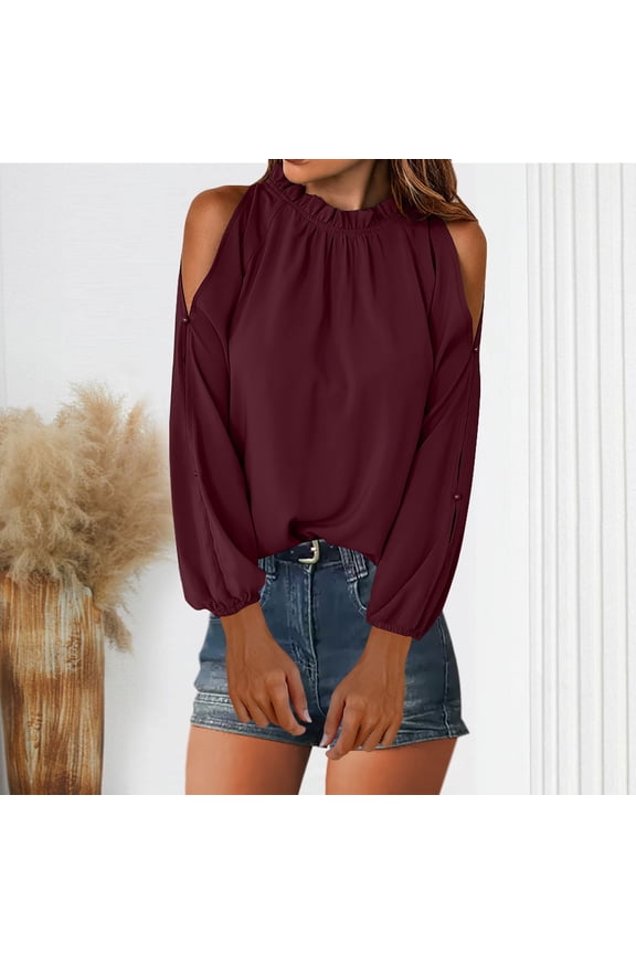 Women's Clothing Womens Tops Ndbuld Women's New Clean Color Leaf Semi High Neck Long Sleeved Pleated Shoulder Revealing Fashion S-3XL Wine 2XL