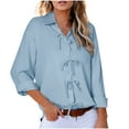 thumbnail image 1 of Women's Clothing Womens Tops Ndbuld Women's Turndown Collar Long Sleeve Blouses Button Solid Color Shirt Bow Tie Front Tops S-3XL Sky Blue 2XL, 1 of 1