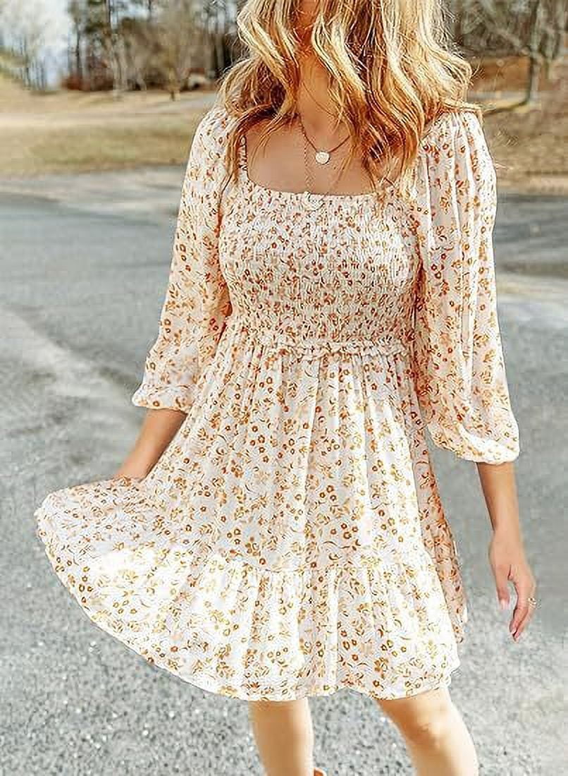 Women‘s Clothing  shein Square Collar Pleated Seven-point Sleeve A- shaped Printed Dress