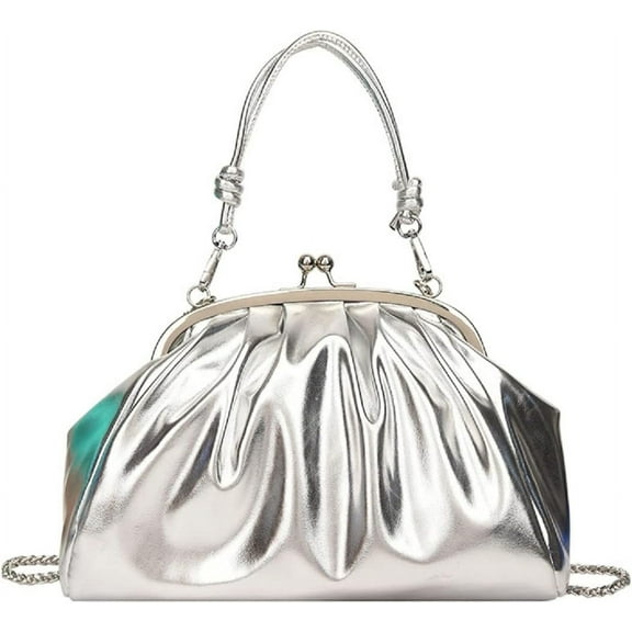 Women's Cloud Pouch Bag Shiny Dumpling Crossbody-Soft Leather Fashion Ruched Handbag Kiss Lock Purse Shoulder Bag
